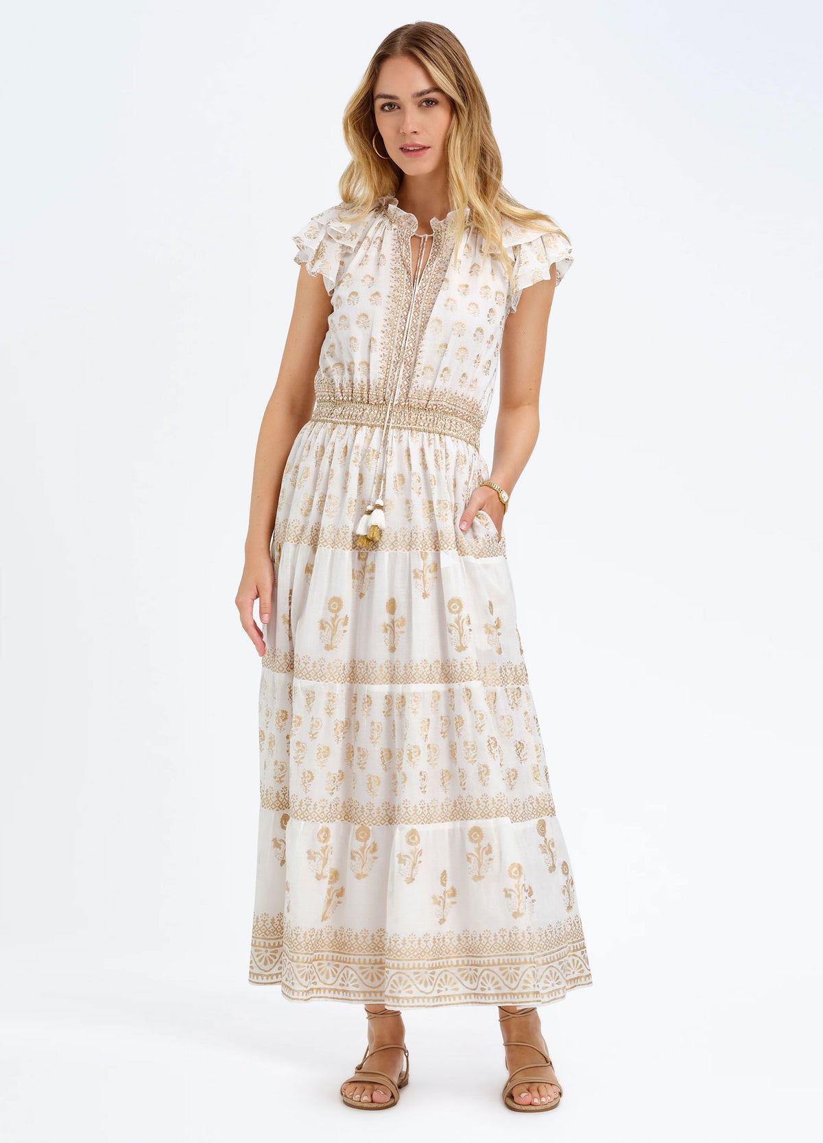 Liz Dress in Ophelia Gold, front view, hand in pocket