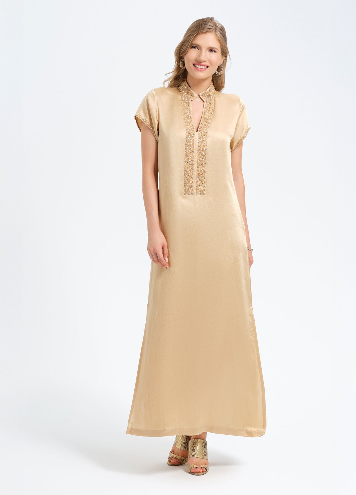 Meg 54" Cap Sleeve Caftan in Champagne, front view