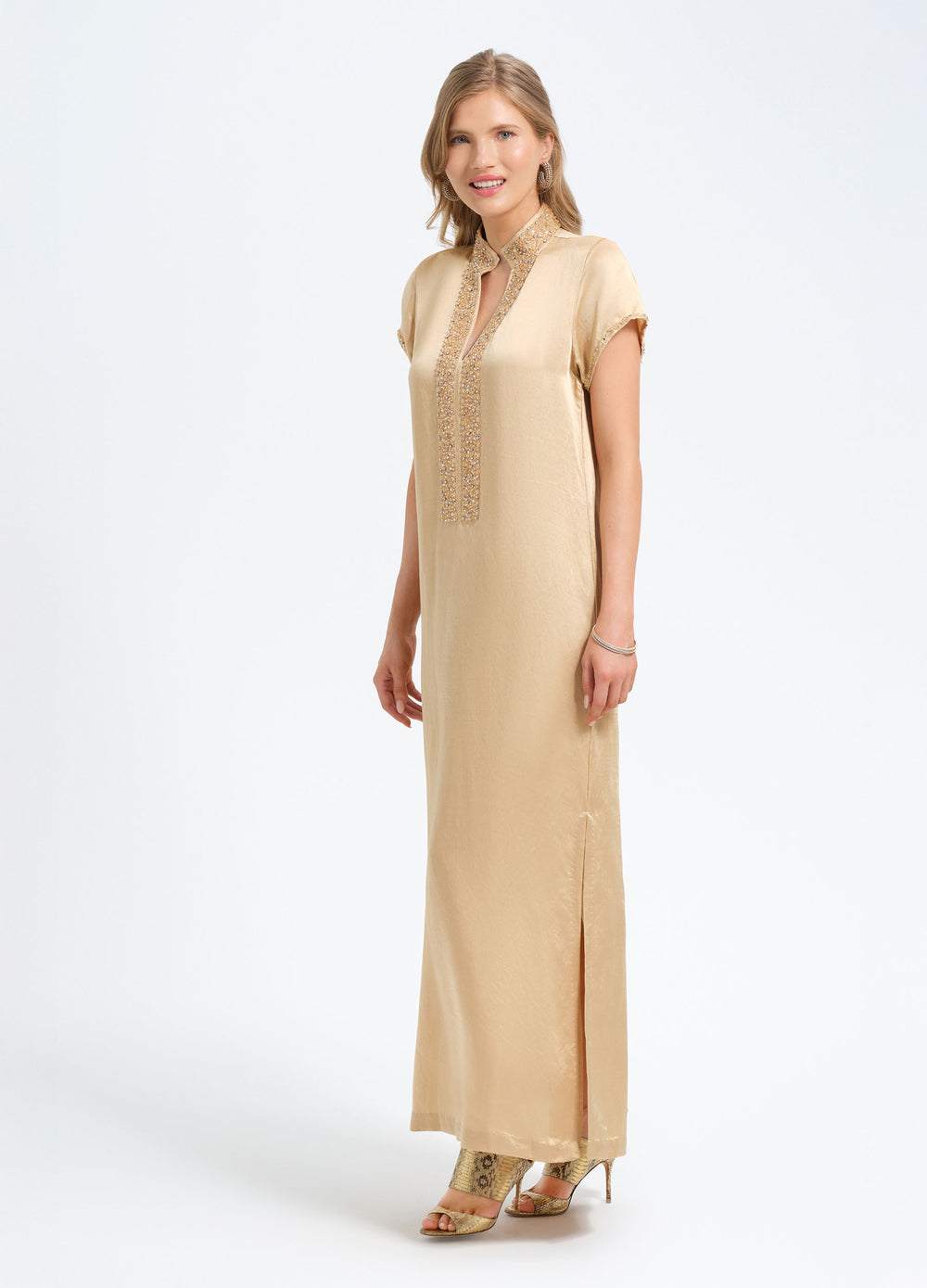 Meg 54" Cap Sleeve Caftan in Champagne, angled front view
