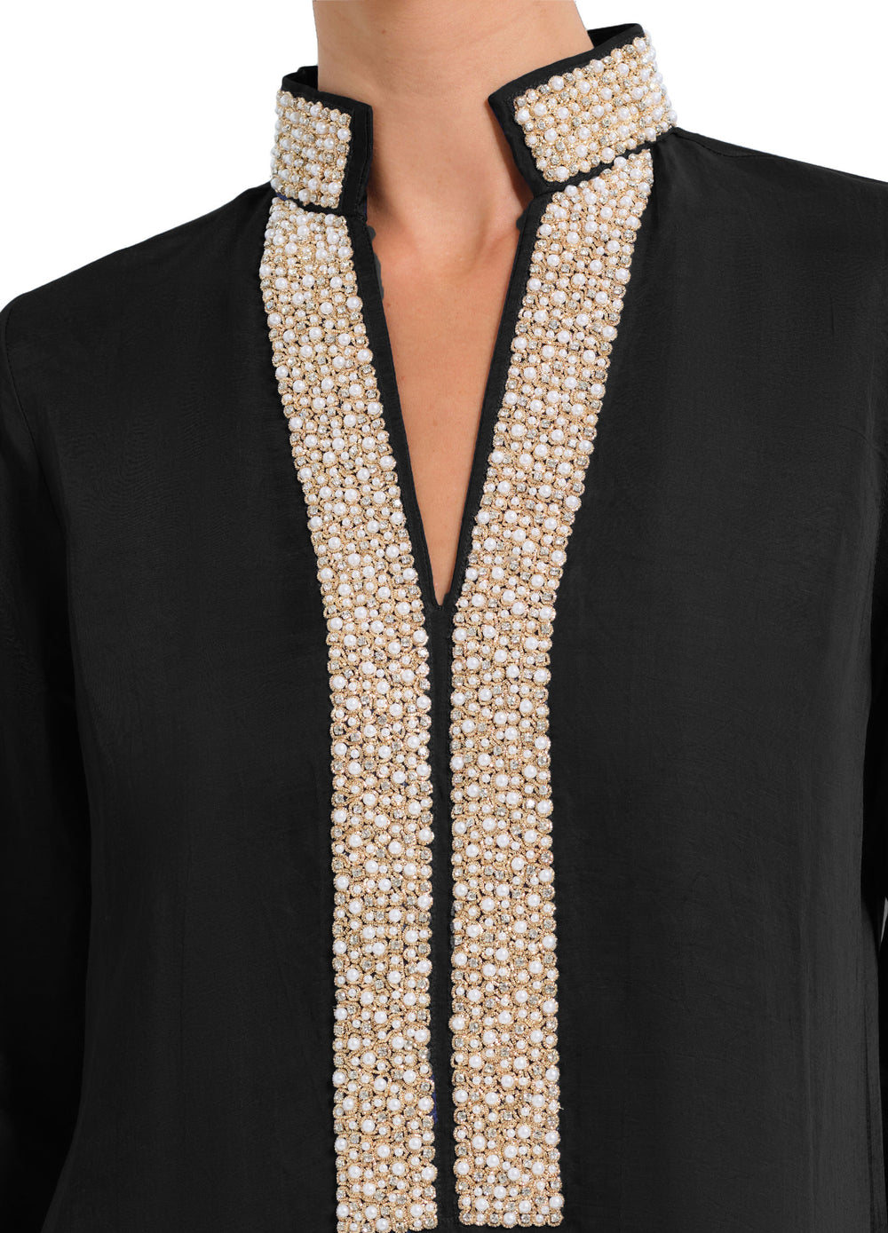 Pearl 3/4 Sleeve Caftan in Black, close-up of the beaded placket and collar