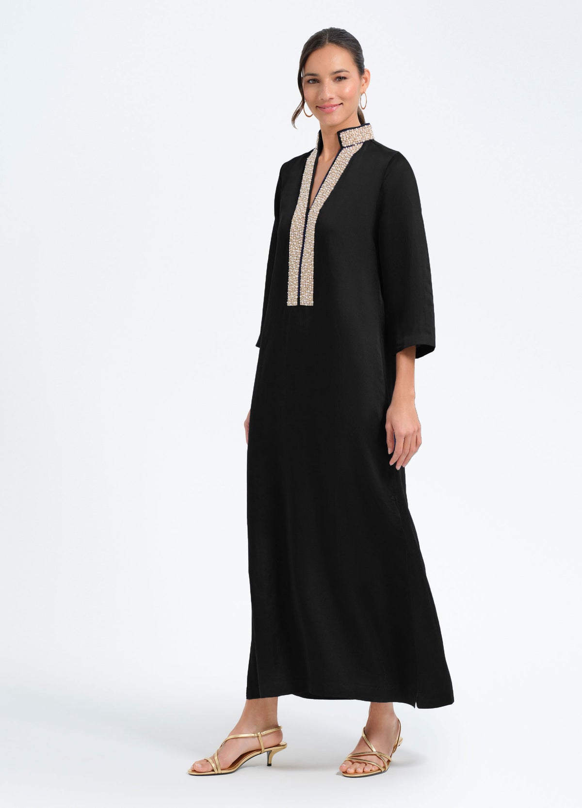 Pearl 3/4 Sleeve Caftan in Black, three-quarter view