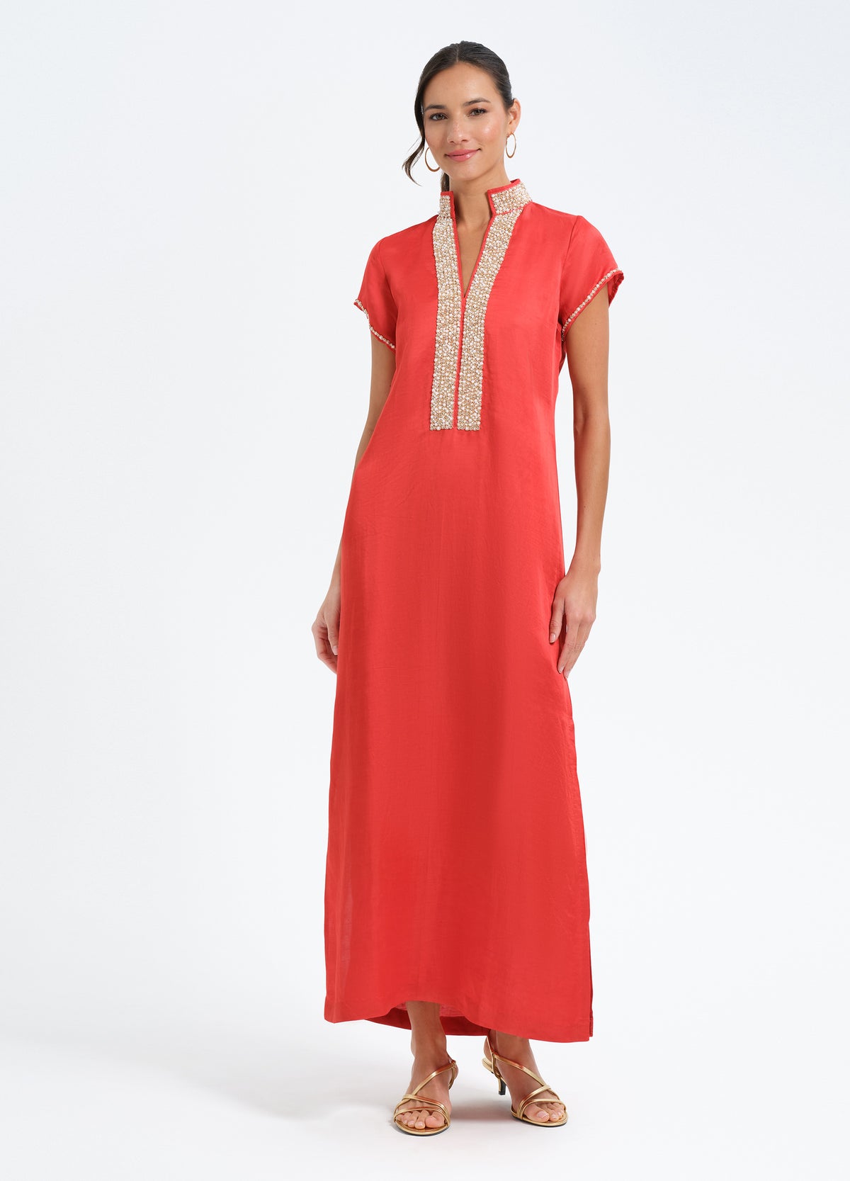 Pearl Cap Sleeve Caftan in Red, front view