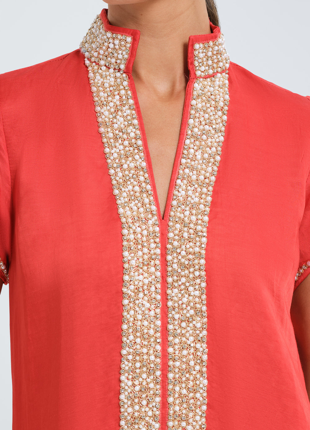 Pearl Cap Sleeve Caftan in Red, close-up of the beaded placket