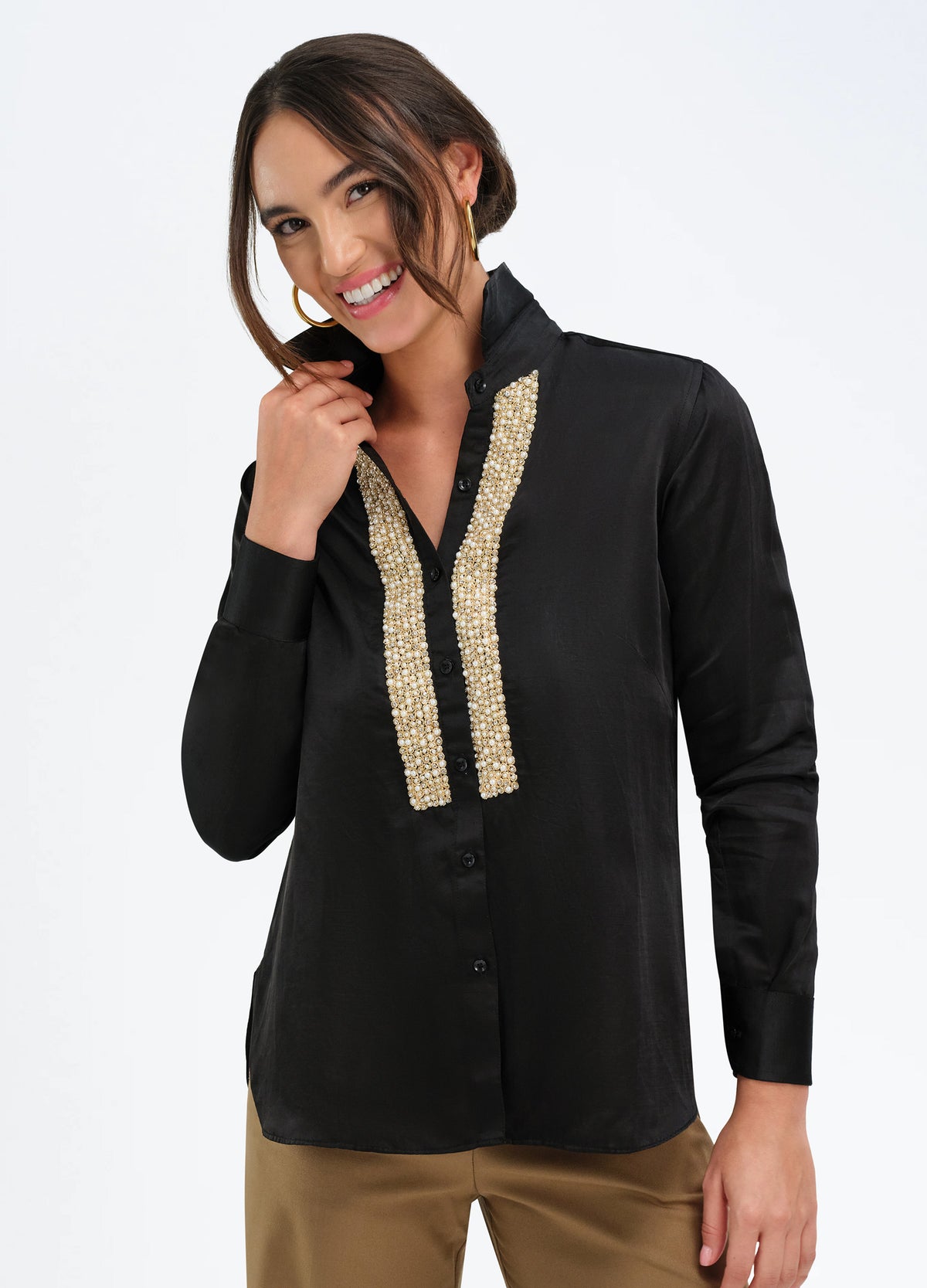 Pearl Shirt in Black, front view, hand at the collar