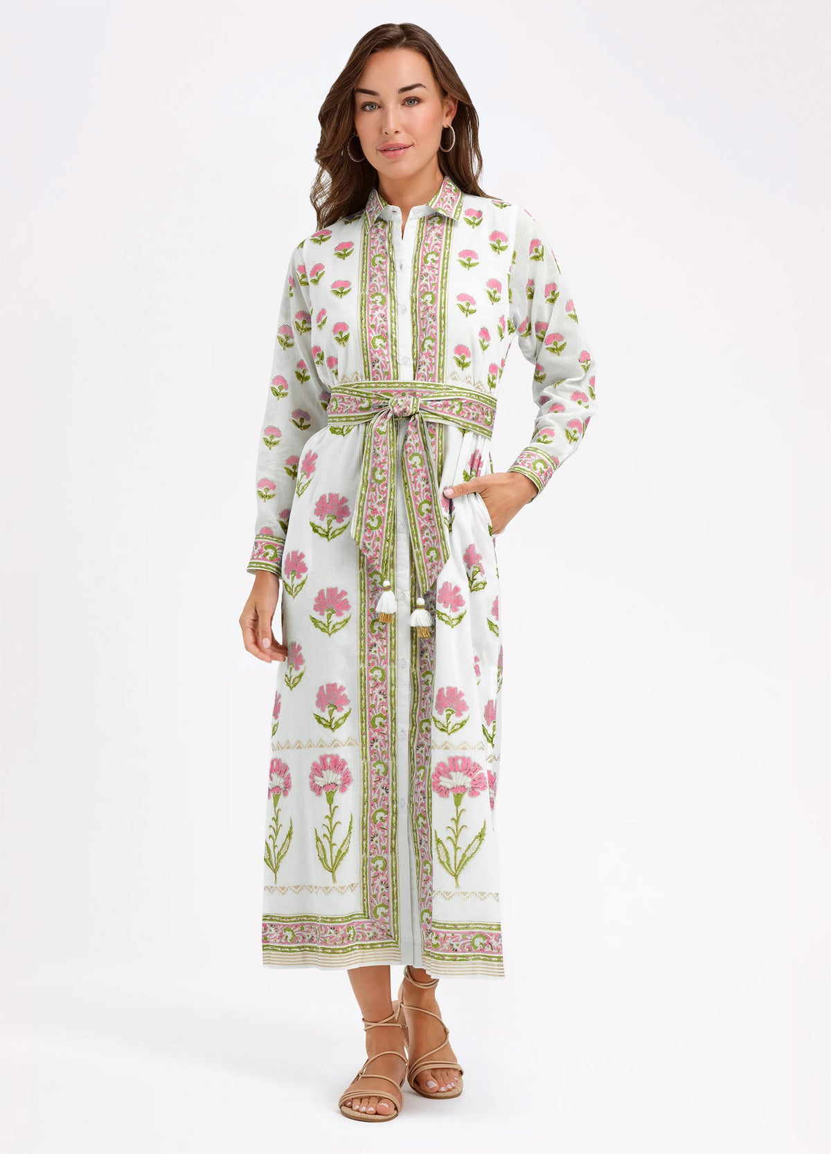 Peyton Shirtdress in Nicole Pink, front view, hand in pocket