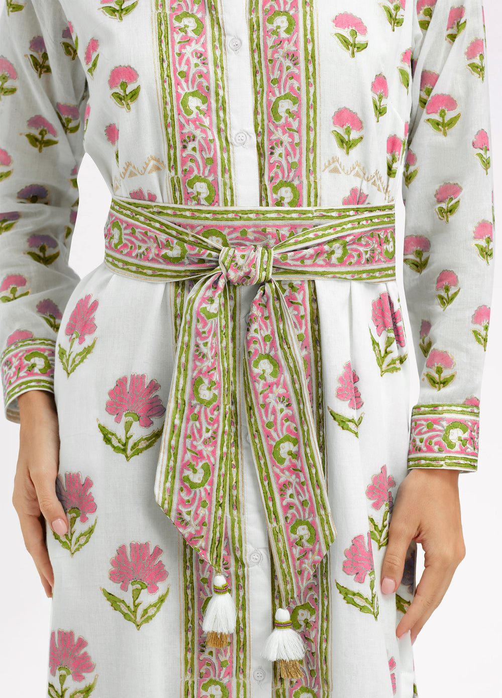 Peyton Shirtdress in Nicole Pink, close-up of the waist tie and tassels