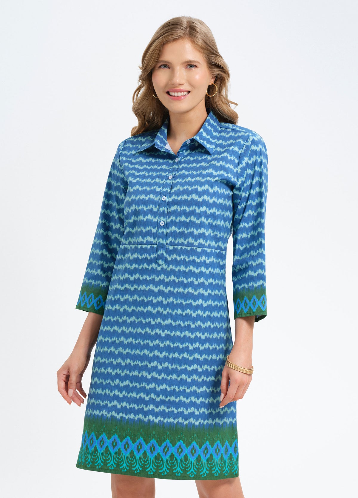 Charlie Dress in Ikat Stripe Blue, front view
