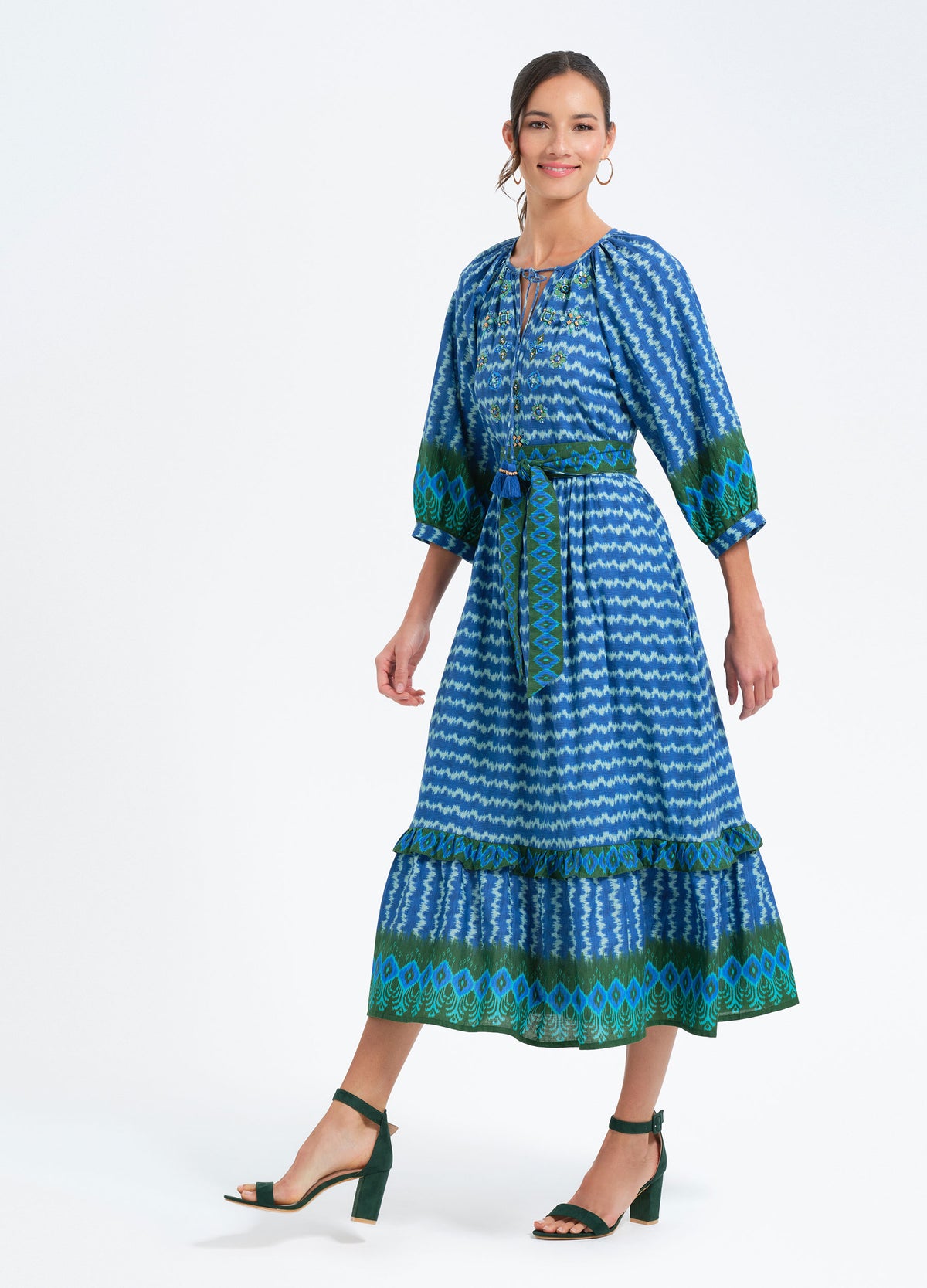Elsa Dress in Ikat Stripe Blue, front view, stepping forward