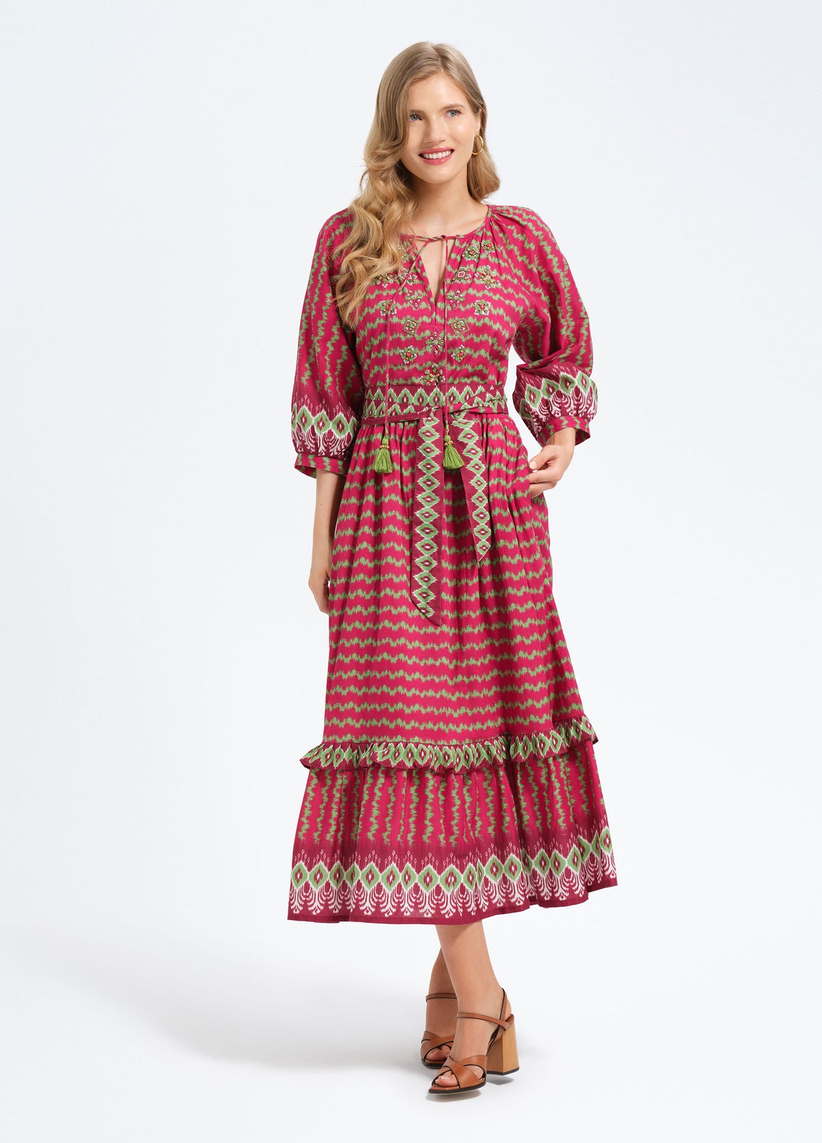 Elsa Dress in Ikat Stripe Cranberry, front view