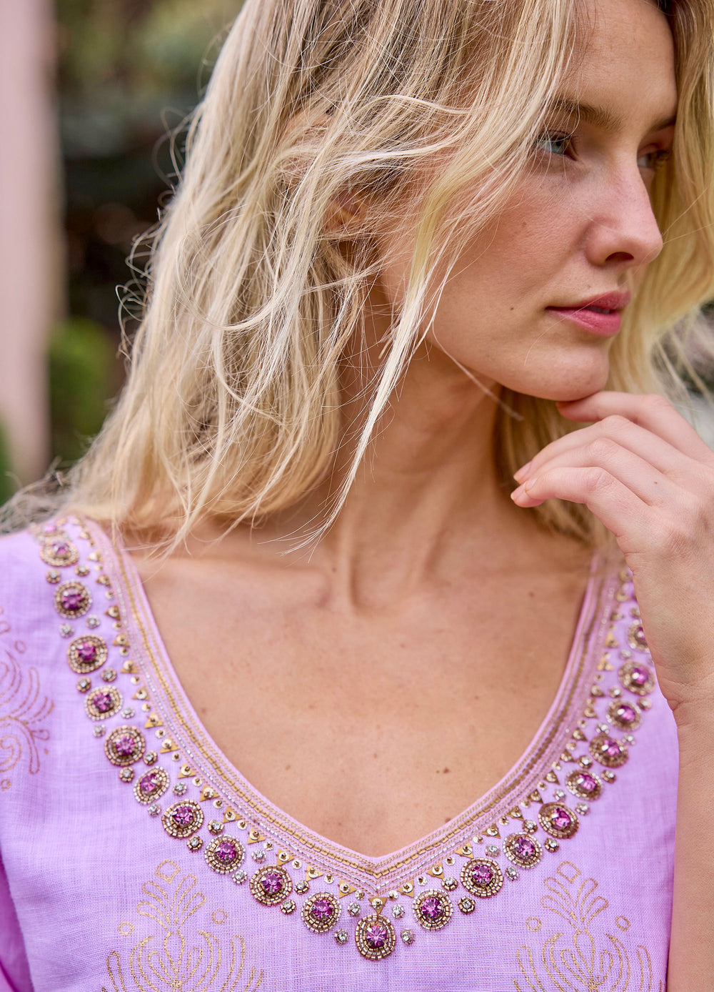 Rani Caftan in Pink, close-up of the beaded neckline