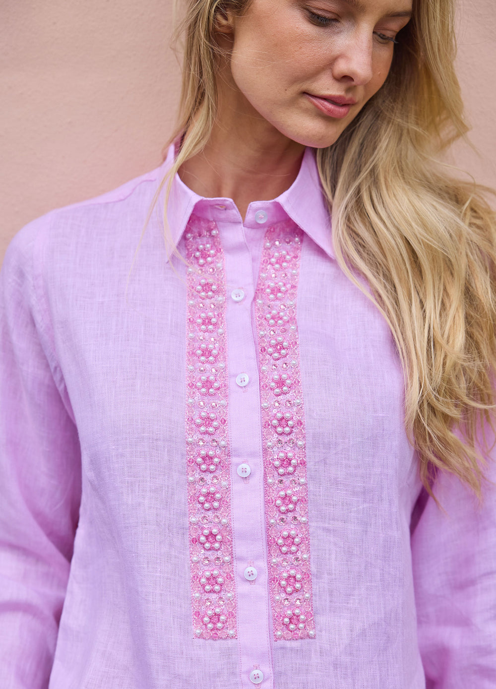 Pearl Flower Shirt in Pink, closer view of the collar and beaded placket
