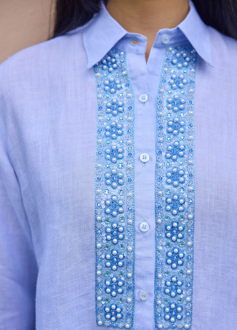 Pearl Flower Shirt in Blue, close-up of the beaded placket
