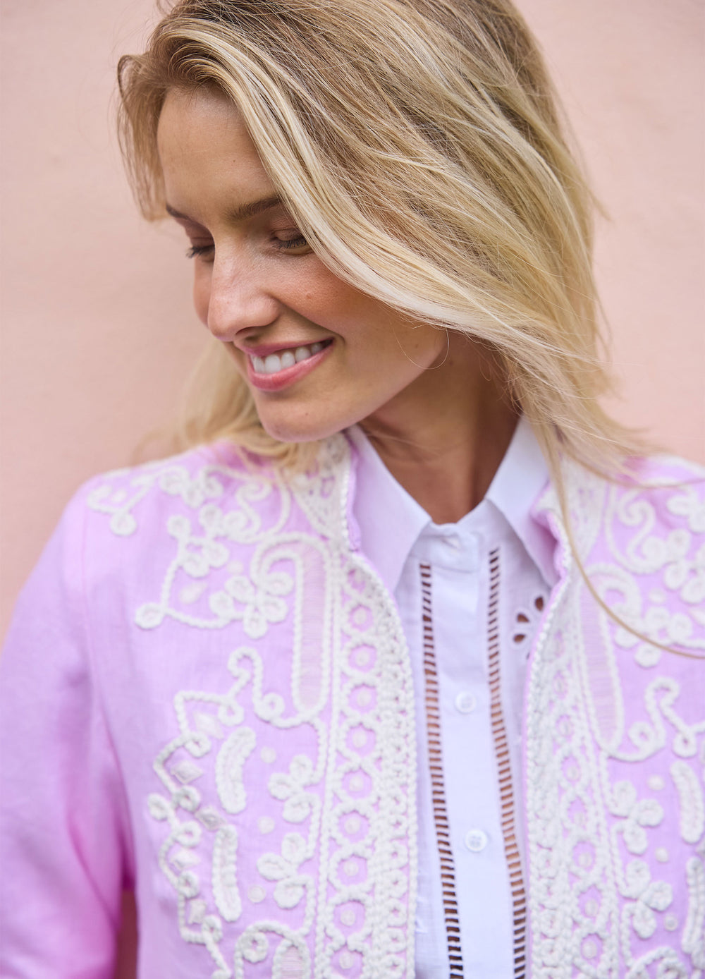 Ceci Jacket in Pink, close-up of the embroidered collar