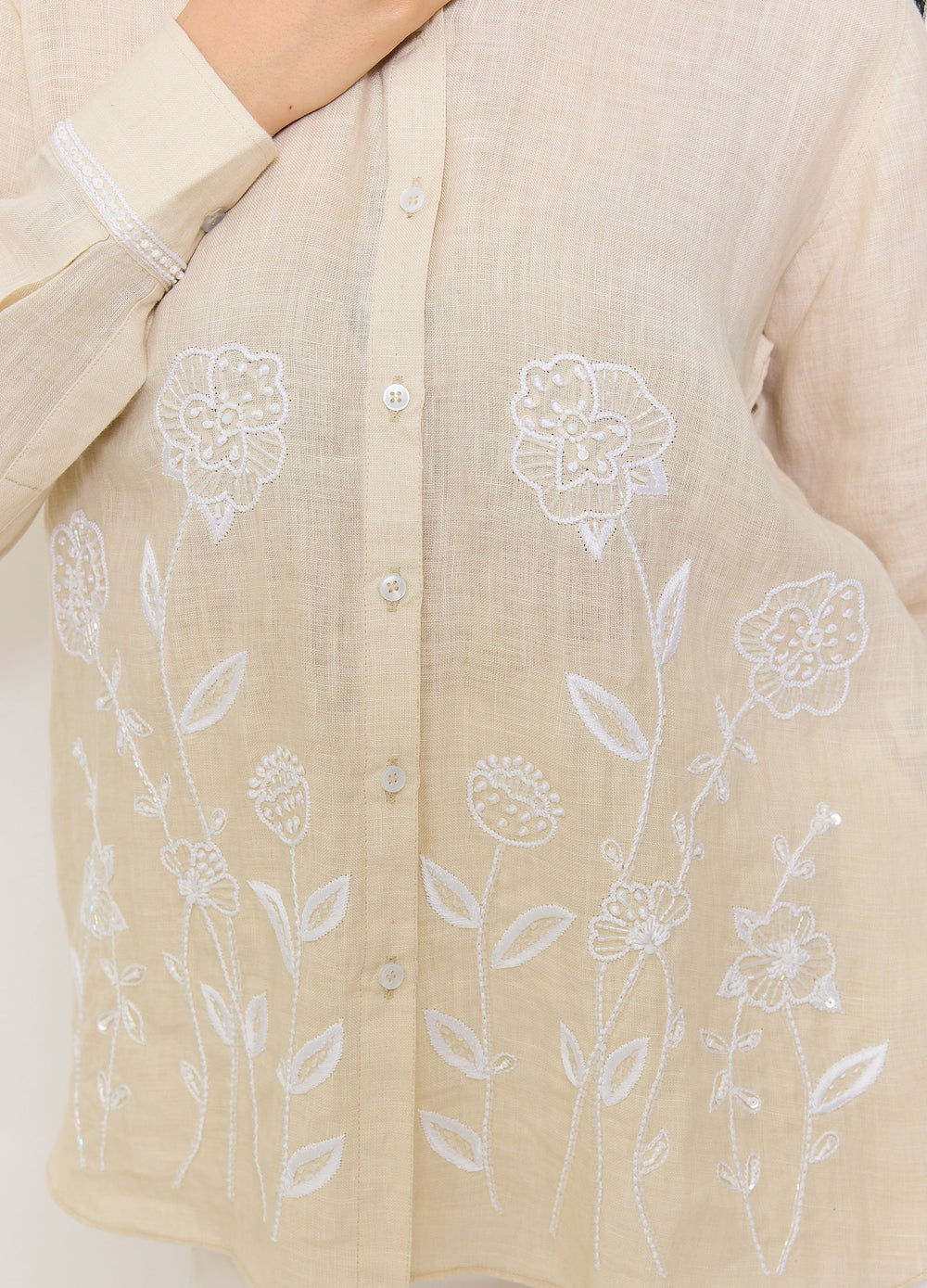 Climbing Flower Shirt in Almond, close-up of the embroidered flowers
