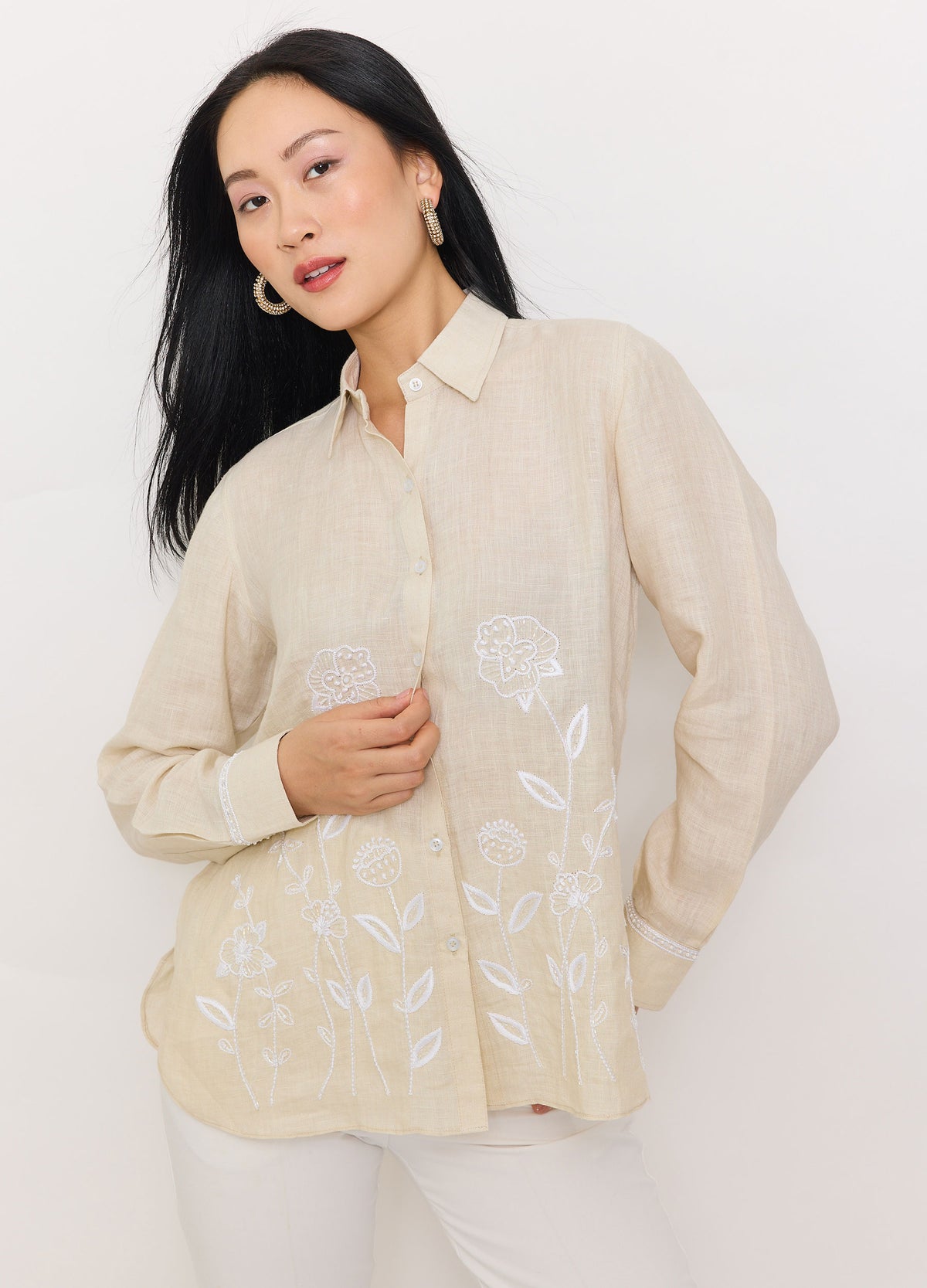 Climbing Flower Shirt in Almond, three-quarter view