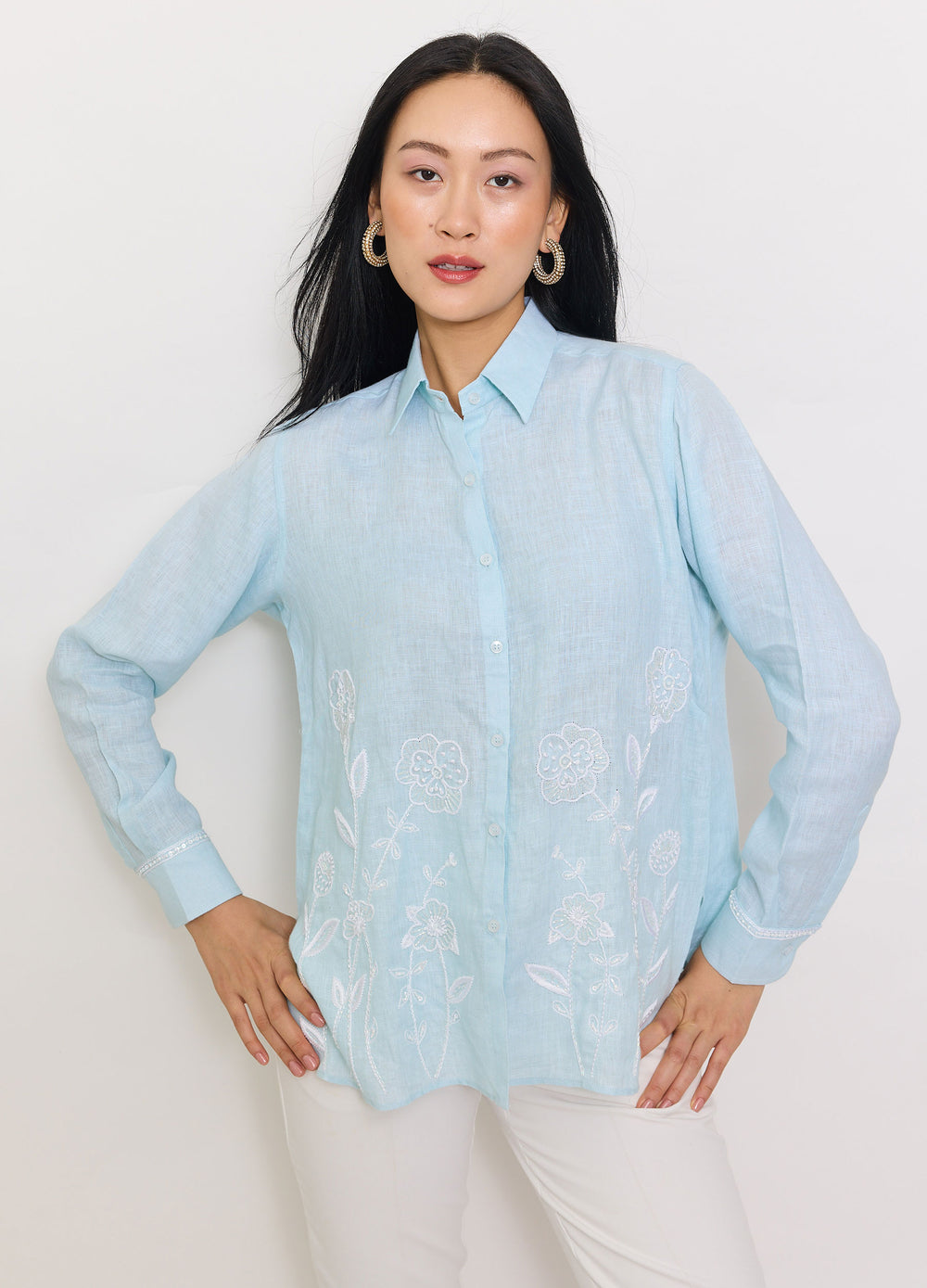 Climbing Flower Shirt in Mist, front view, hands on hips