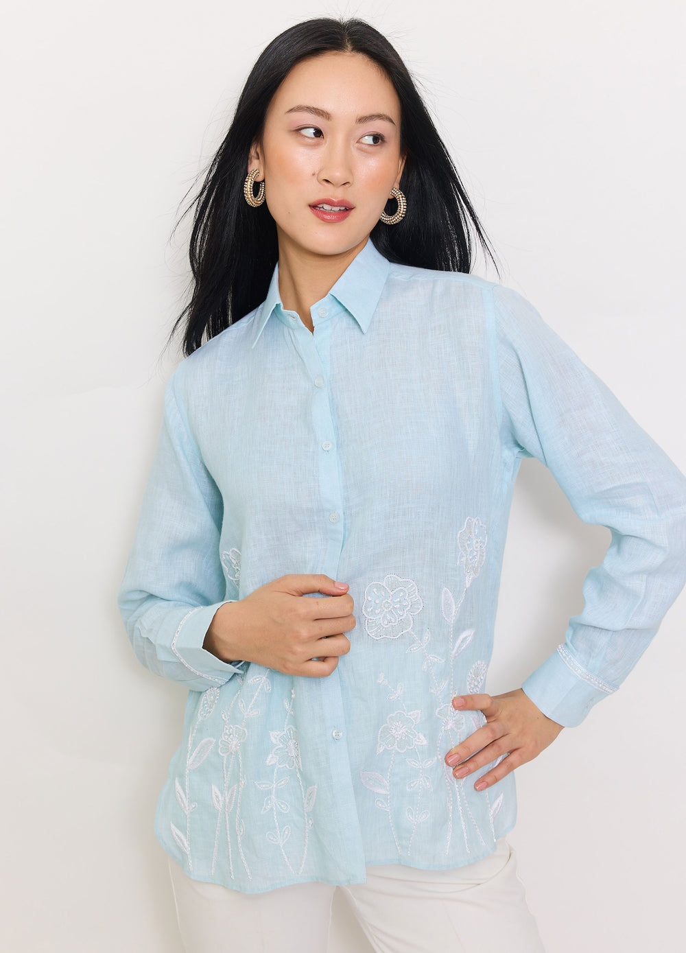 Climbing Flower Shirt in Mist, three-quarter view, hand on hip