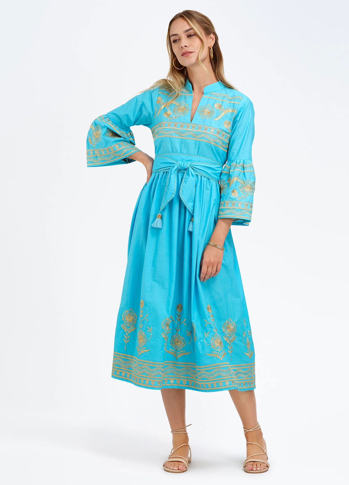 Elena Dress in Turquoise, front view, hand on hip