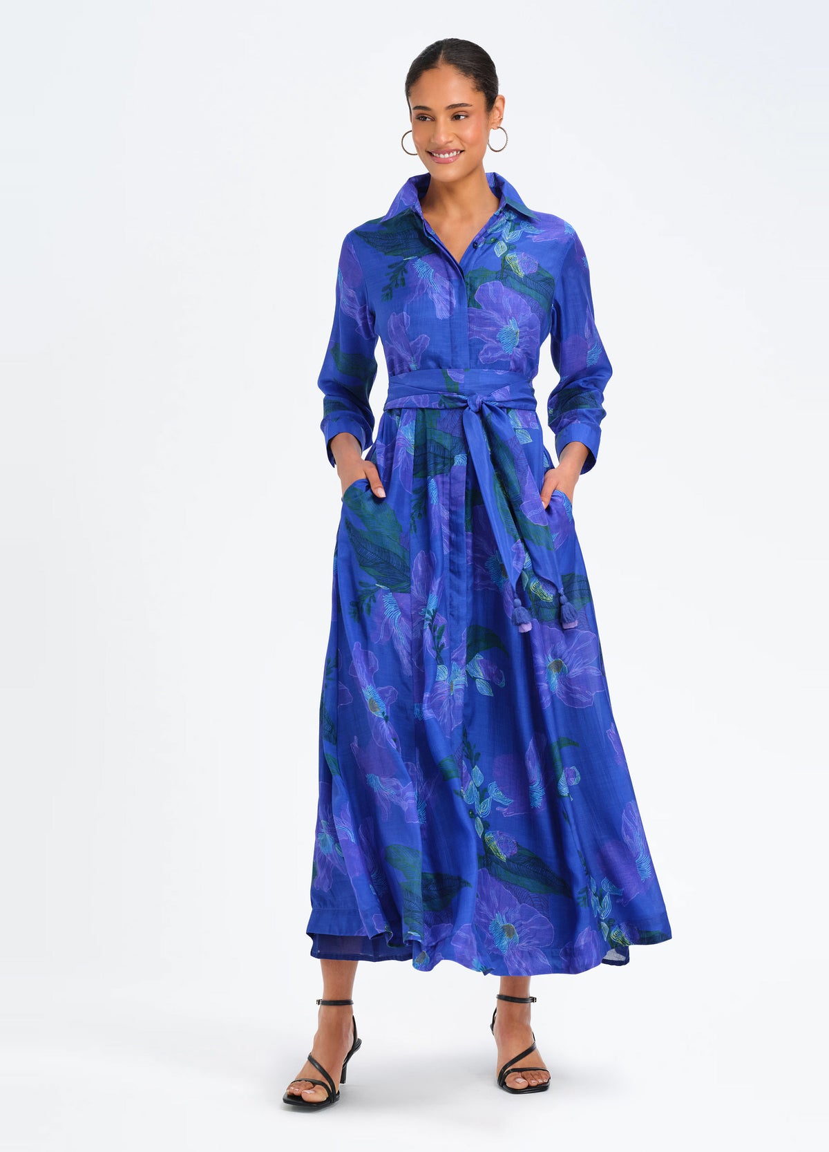 Kit Shirtdress in Helin Royal, front view, hands in pockets