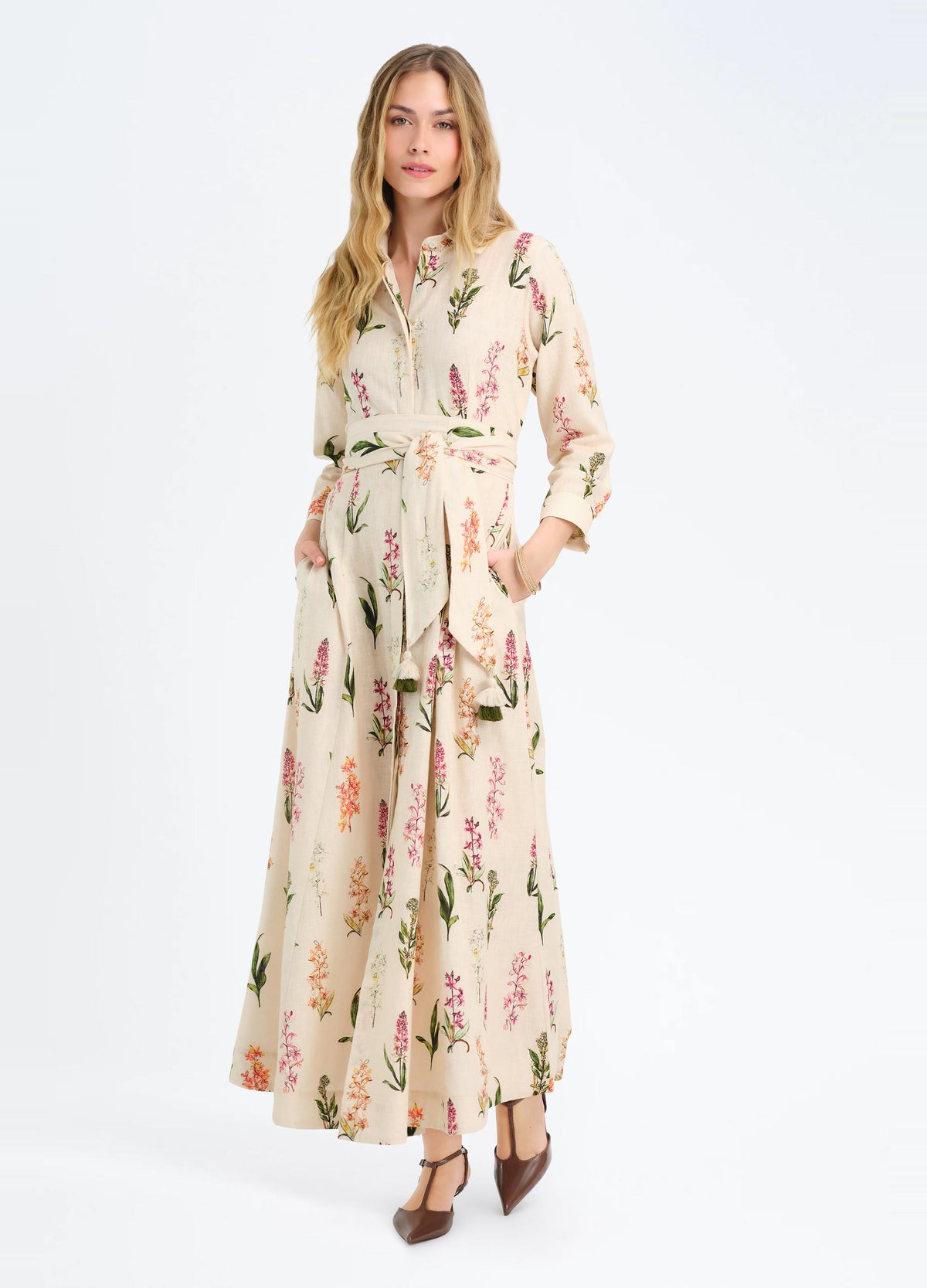 Kit Shirtdress in Sylvia Sand, front view, hands in pockets