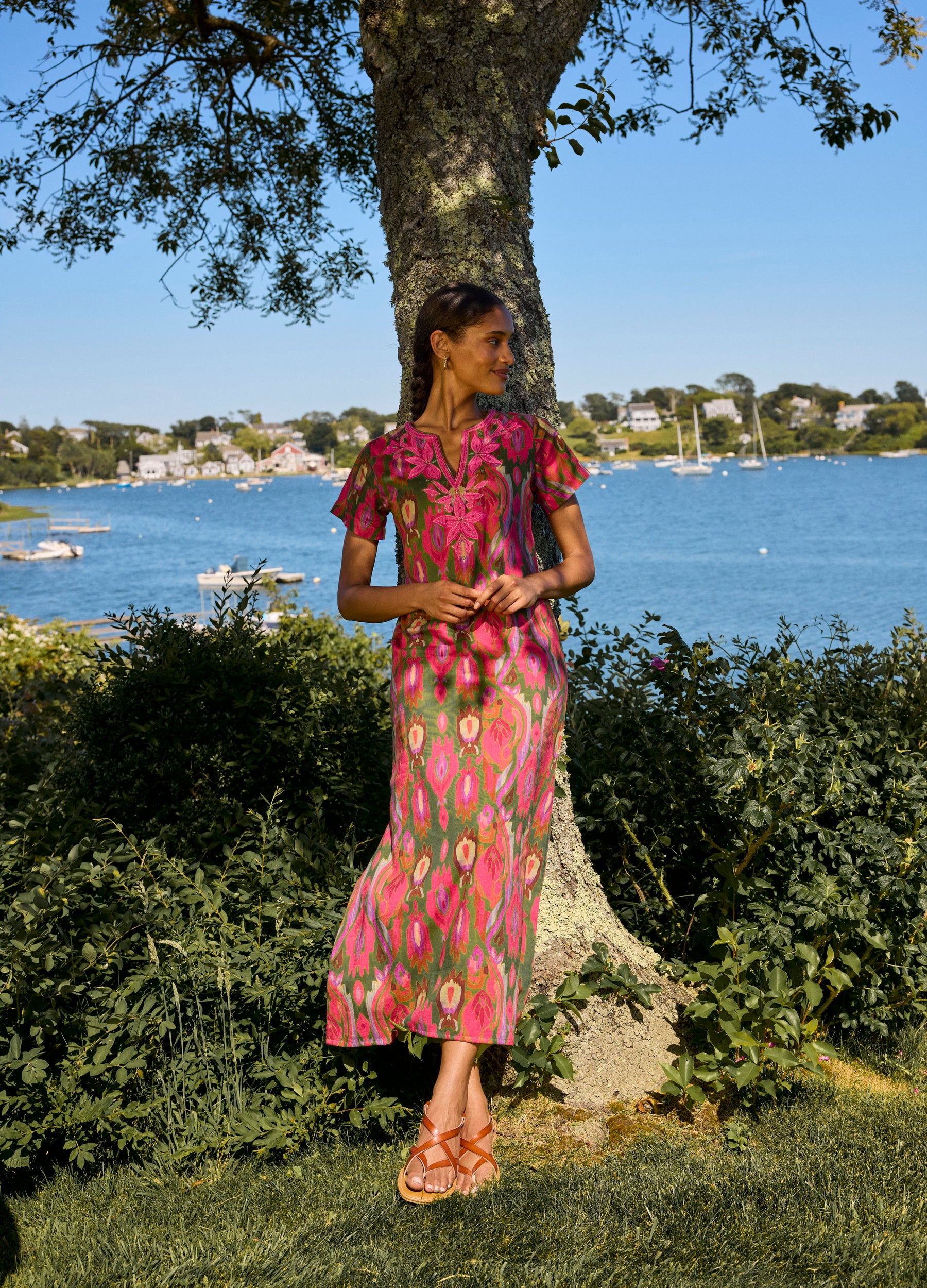 Lana Cap Sleeve Caftan in Ikat Pink