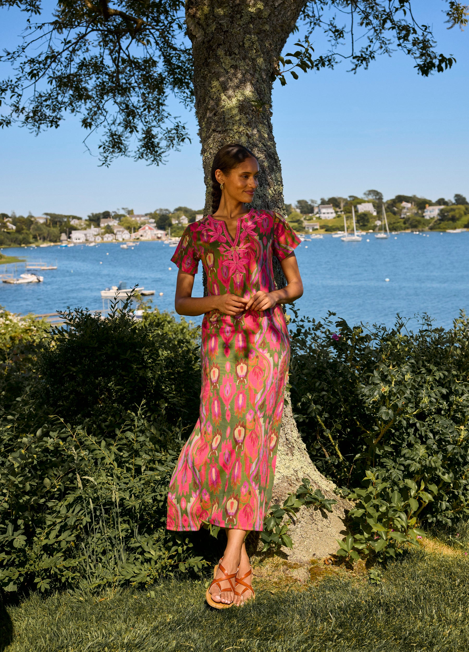 Lana Cap Sleeve Caftan in Ikat Pink