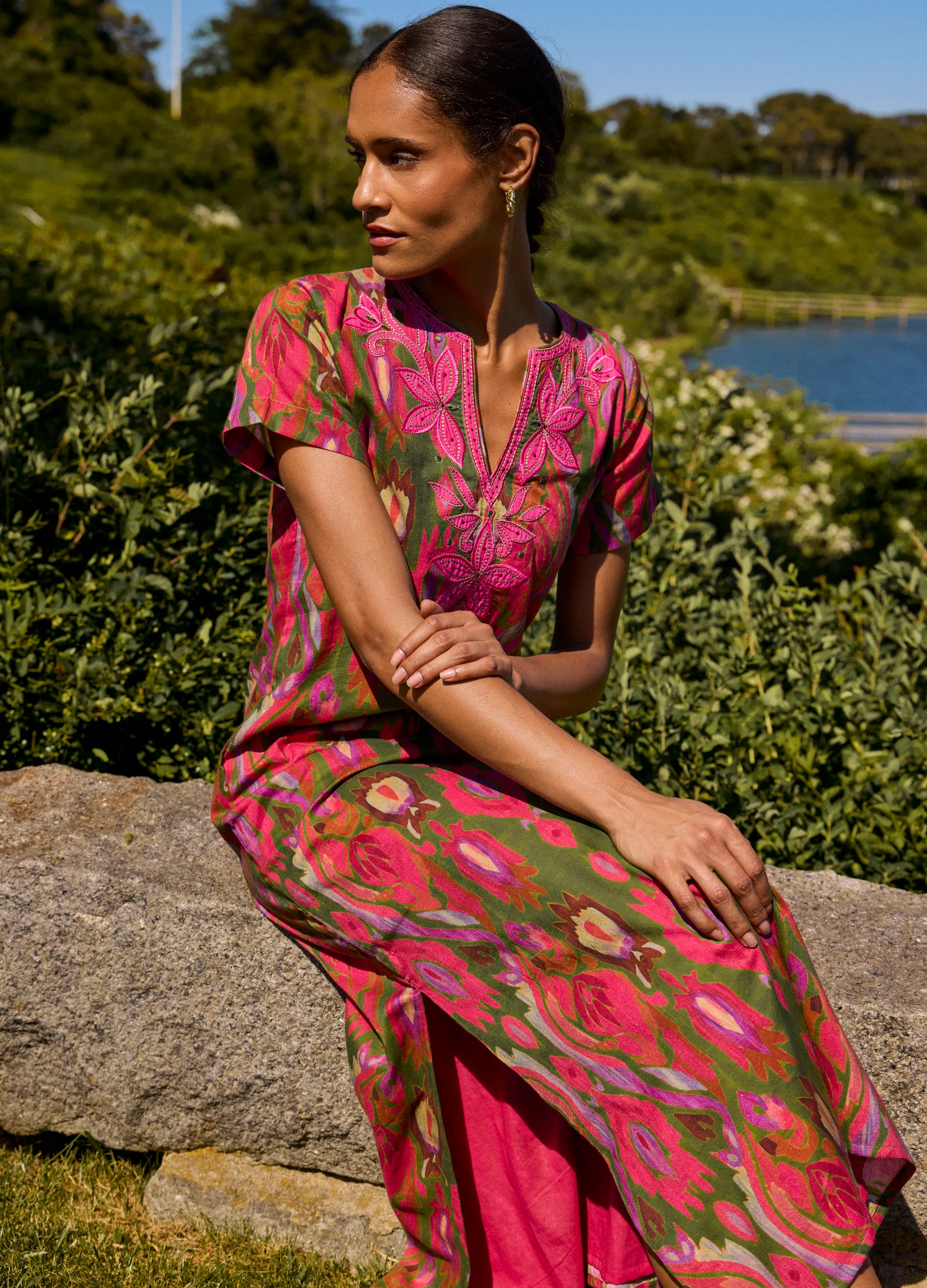 Lana Cap Sleeve Caftan in Ikat Pink