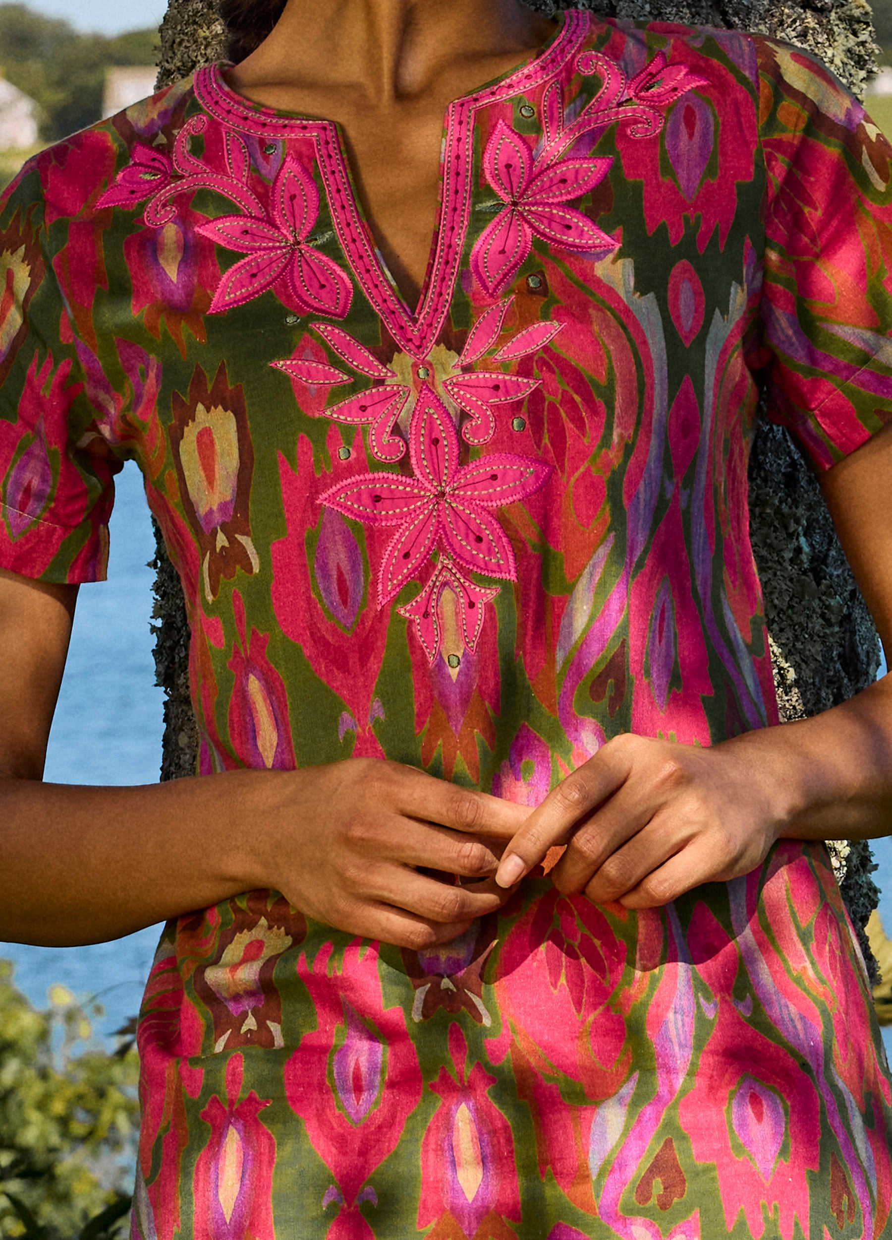 Lana Cap Sleeve Caftan in Ikat Pink
