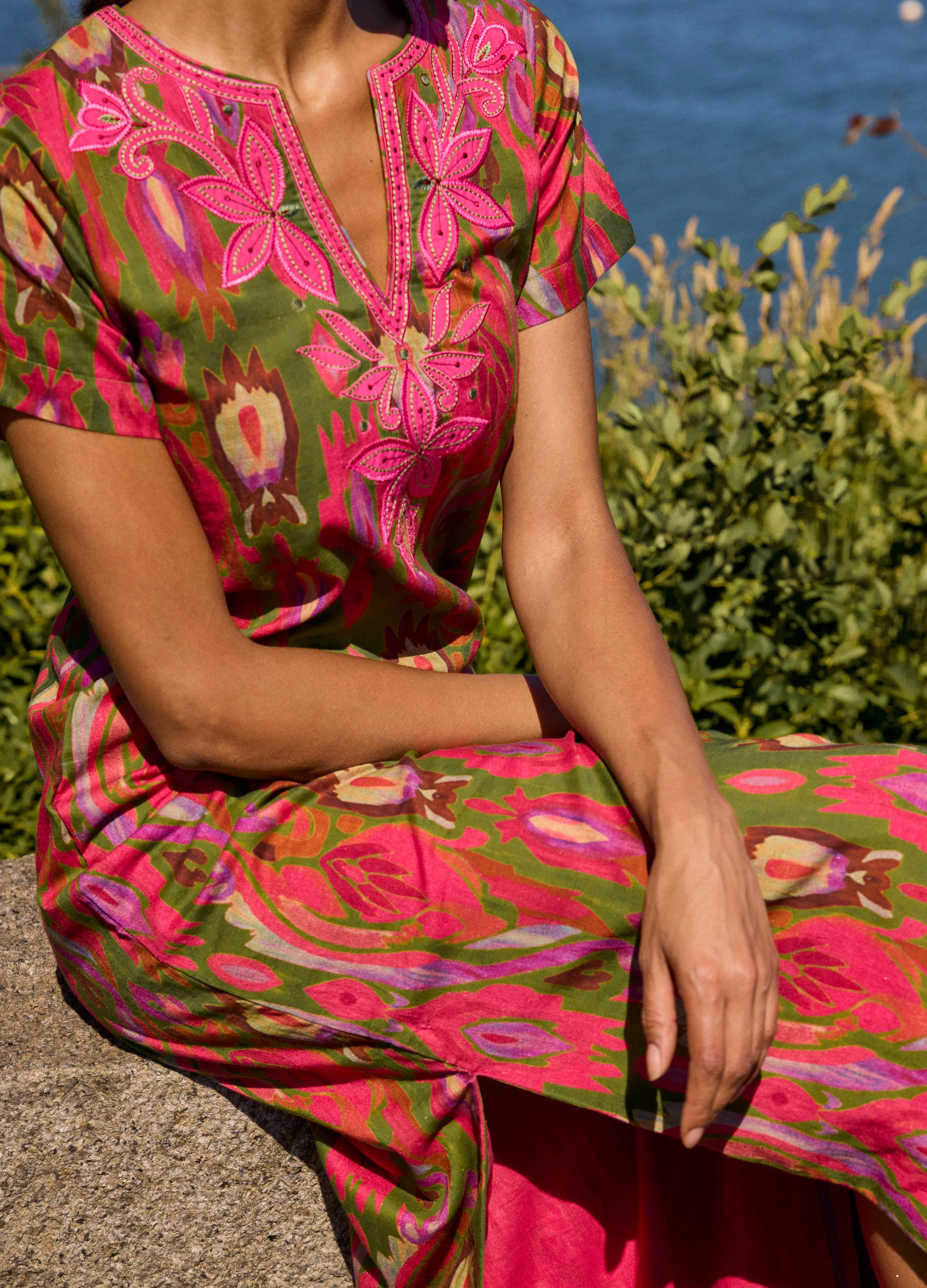 Lana Cap Sleeve Caftan in Ikat Pink