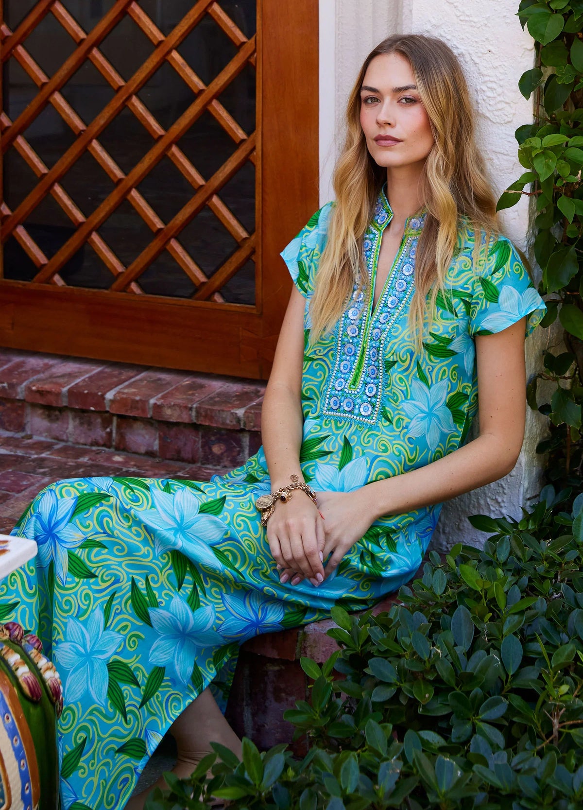 Model wearing a patterned bella tu garment