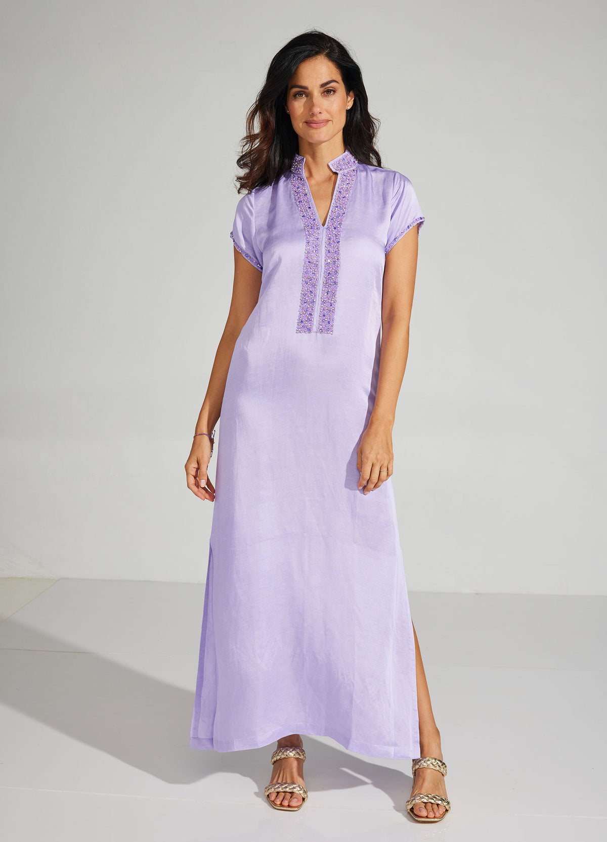 Meg 54" Cap Sleeve Caftan in Lilac, front view
